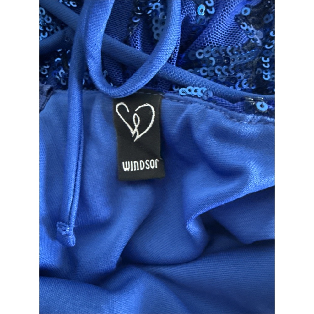 Windsor Blue Sequin Bodycon Dress Beaded Tied Back Formal HOCO Cocktail Mini M - Picture 6 of 11